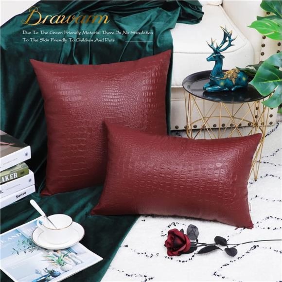 Faux Leather Pillow Covers 12X20 Inches, Deep Red Leather Pillow Covers Pack of2 - Picture 4 of 6